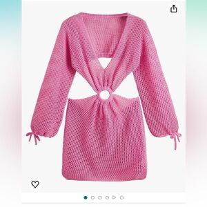 Hot Pink Women's Crochet Cover Up Long Sleeve Knitted Swim Beach Cover Up Dress